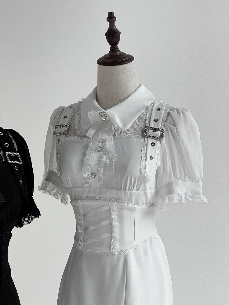 Kostenloser Gürtel Ausschnitt Schnalle Jirai Kei Weiß Lange Kleid Illusion Akzente Korsett mit