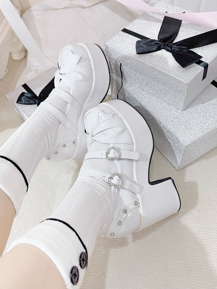 Polished White Bow at Top Rhinestone Buckles Platform Mary Jane Shoes