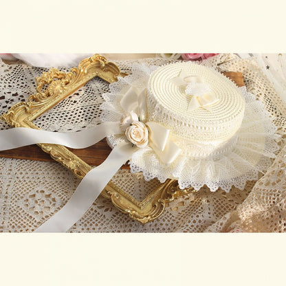 Accents and Lolita Ruffled Straw Flower Lace Options – 9 Hat with Bow Color