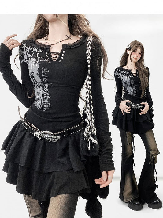 Kleid Schwarz Y2K Print Design