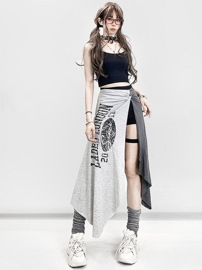 Shorts Saum Schwarz Schlitz Mit Buchstaben Asymmetrische Seite Rock Grau Druck Glamorous