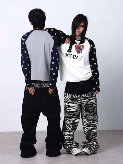 Gray & Black Cat Paw Print Round Neck Long Sleeve Top - DETW OnLine