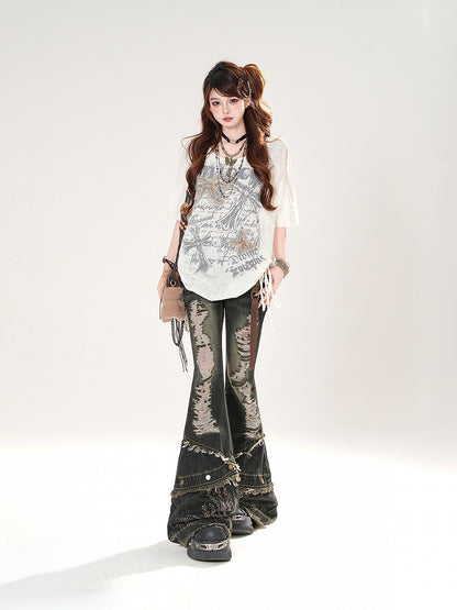 Waist Distressed Holes Flared Jeans Hem with Raw Black Low