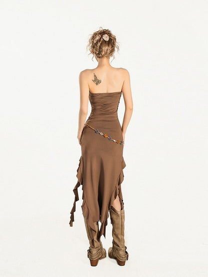 Knit Dress/Skirt Slit 2-in-1 Cascading Brown Side Convertible Ruffle Strapless with Hem