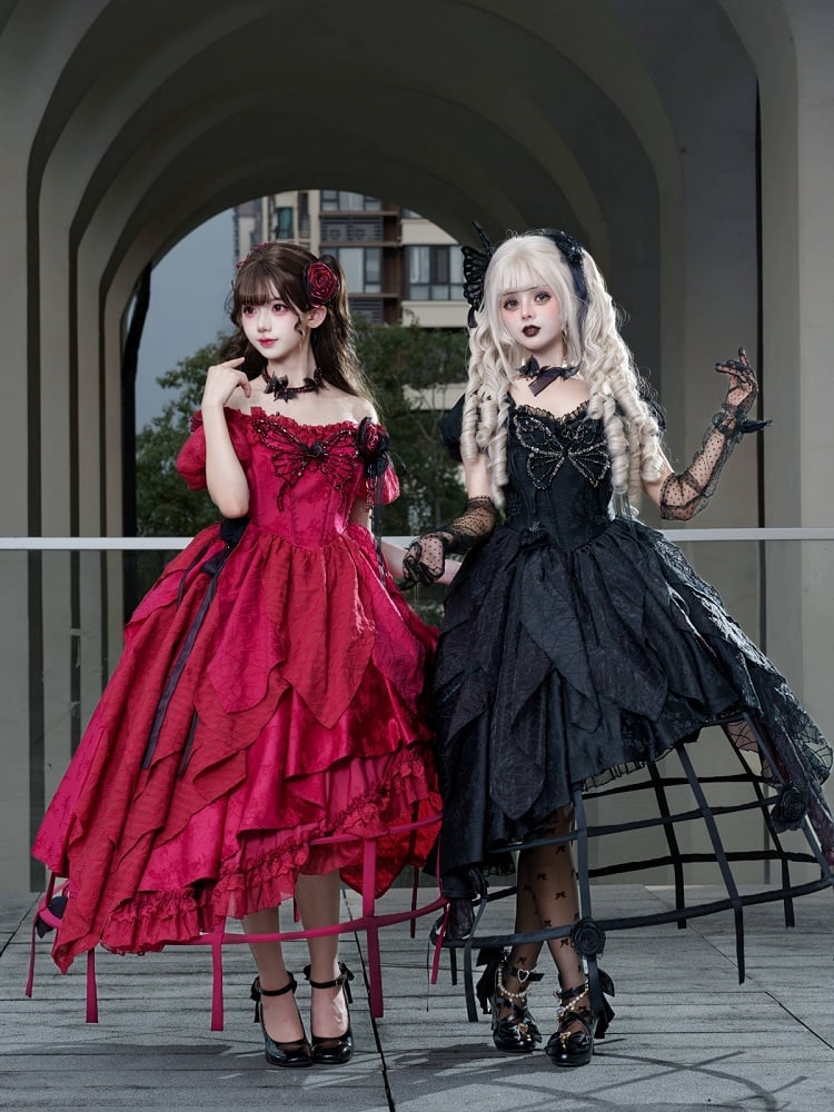 Red Butterfly Rhinestone Detail Puff Sleeve Lolita Top and Asymmetrical Hem Skirt Set - Sweet Wood Lolita