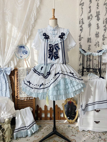 and White Banded Lolita Han Accents Blue Flower Collar Bow Dress with Puff Sleeves