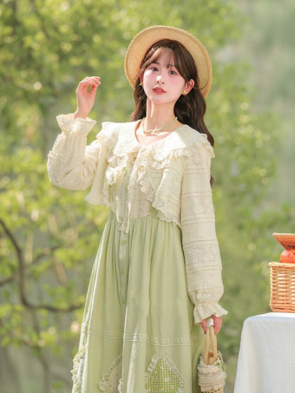 Mori Kei Green Floral Applique Sleeveless Dress