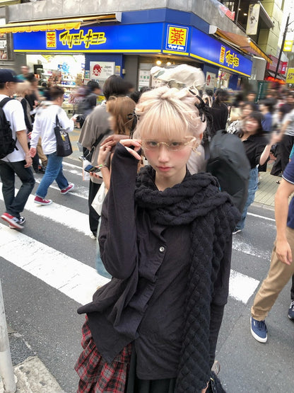 Front Placket Shawl Black Top with Scarf Asymmetrical Button Textured