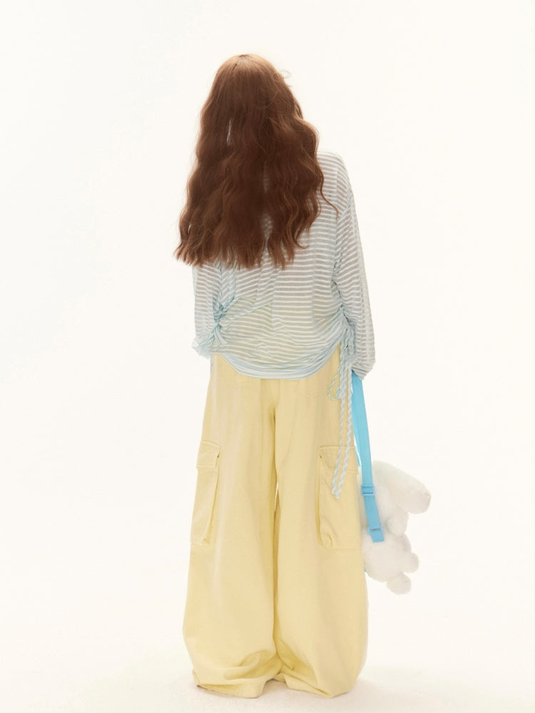 イエローのドローストリングウエストワイドレッグカーゴパンツ