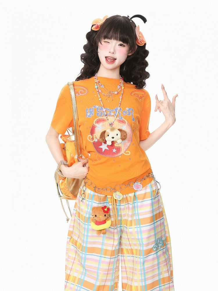 Orange Crew-Neck Tee with Fruit & Star Motif - Languid Park