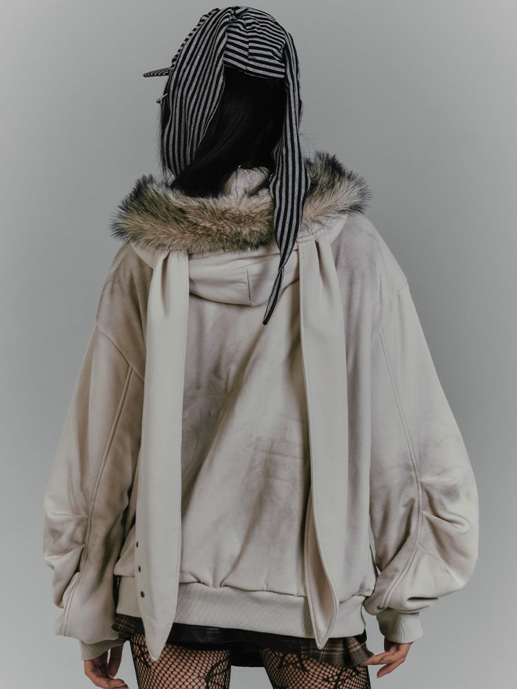 スパイダーウェブとスケルトンのグレーパンクロックバニーイヤーウィンタージップパーカー