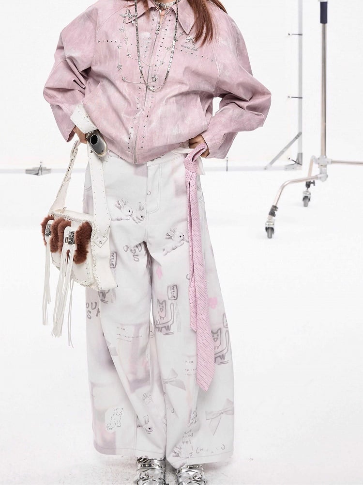 and Hand-Drawn Print Bow Doodles with Wide-leg Jeans White