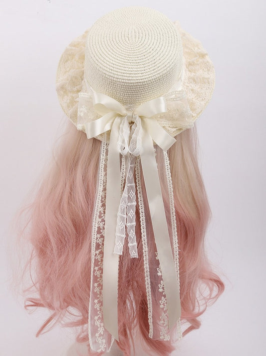 Beige Bowknot Details Straw Lace Lolita Sweet Hat