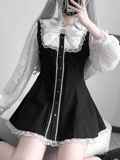 Jirai Kleid Kei Tailliertes Mini mit weißen Ärmeln Spitze Schwarz