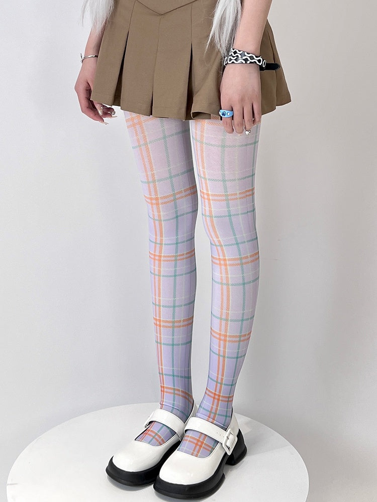 Tights Plaid Y2K WhiteGreen/Purple