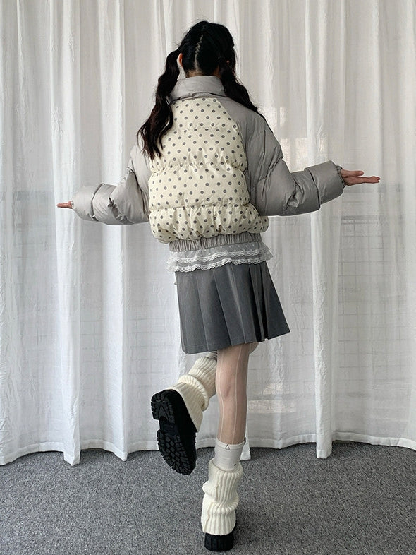 Beige Colorblock Cuffs with Embroidered Elastic Dot Letters Design Jacket Polka