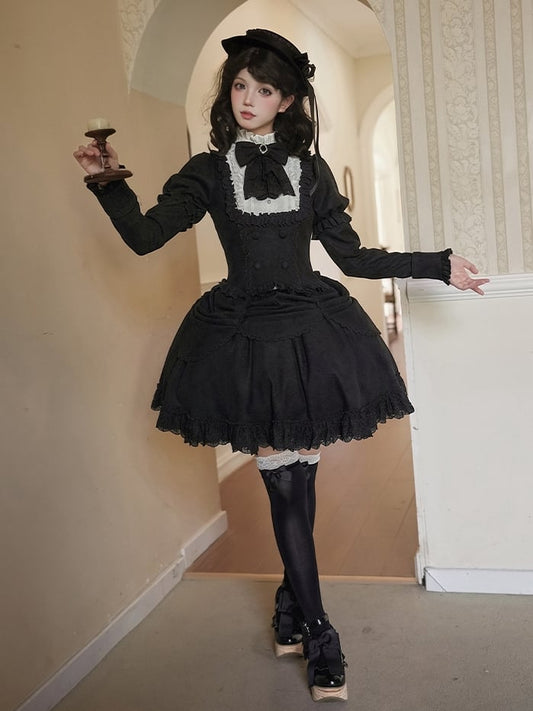 Bowtie Short and Lolita + - Sleeves Skirt Hat Classic Juliette Black White Version Elegant Set Top