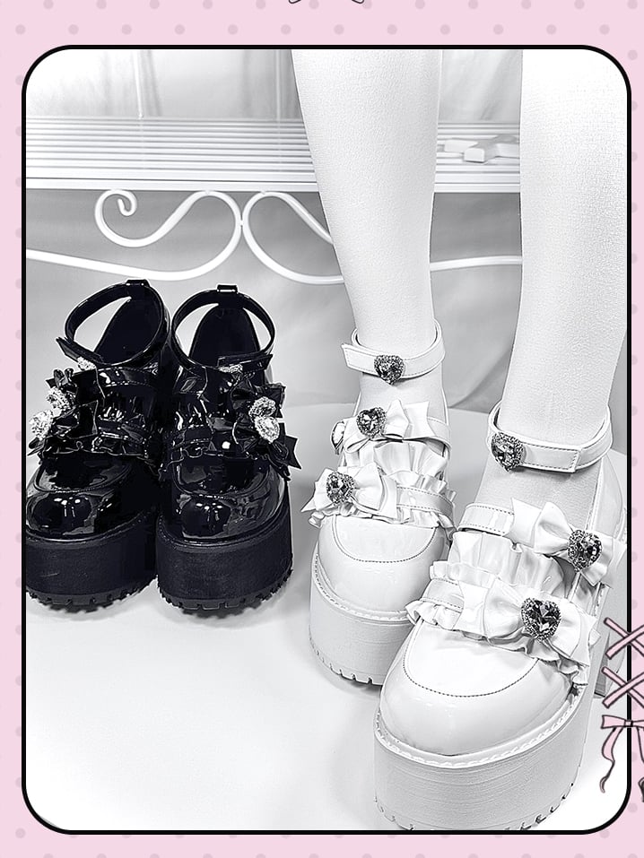 Platform Shoes with Bowknot and Heart Rhinestone Black Polished Decoration Style Landmine