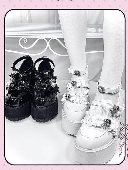 Platform Shoes with Bowknot and Heart Rhinestone Black Polished Decoration Style Landmine