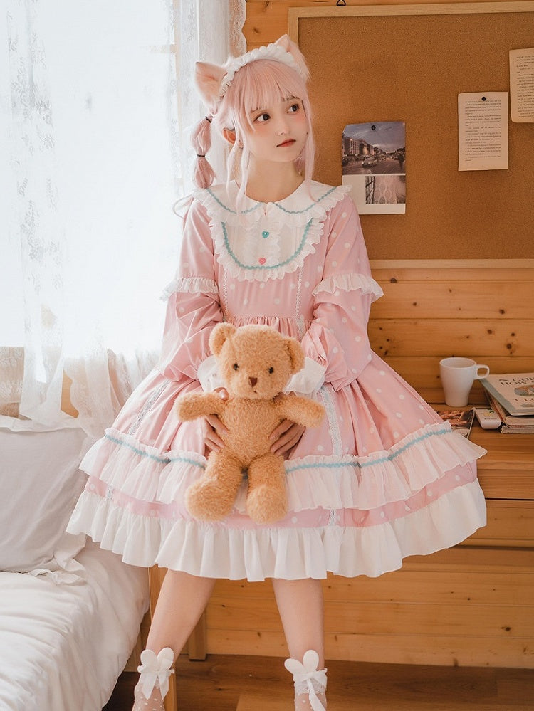 Polka Pink with Dress Ruffle Long Dot Sweet Sleeve Lolita OP Details