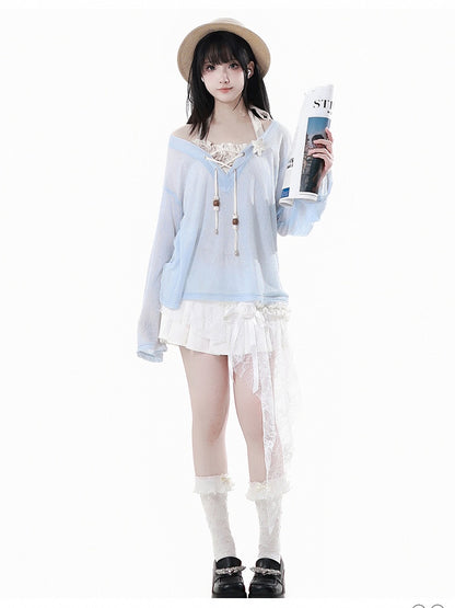 Saum Rosette Verziert Rock Weiß Spitze Patchwork Asymmetrische