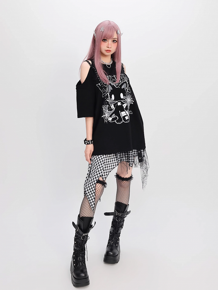 猫プリント ルーズTシャツ Y2K ブラック カットアウトショルダー ビタースイート