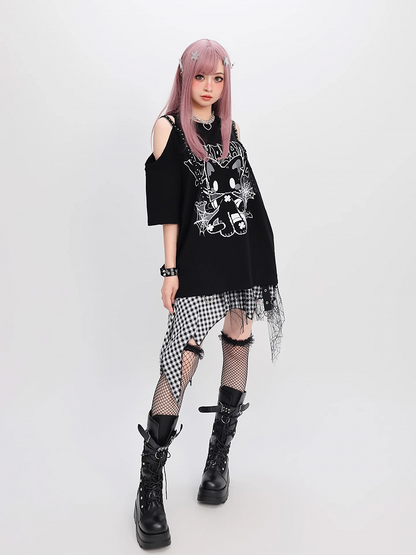猫プリント ルーズTシャツ Y2K ブラック カットアウトショルダー ビタースイート