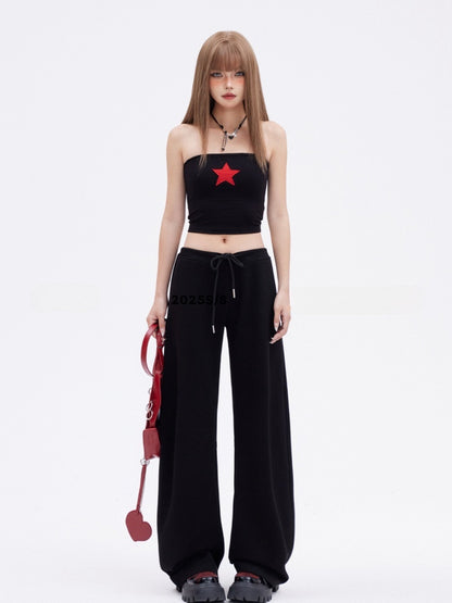 Black Drawstring Waist Loose Straight-leg Sweatpants