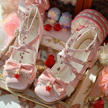 Toe Mid-heel Mary Bow Details Berry Pink Trim Square Ruffle Janes Accent -