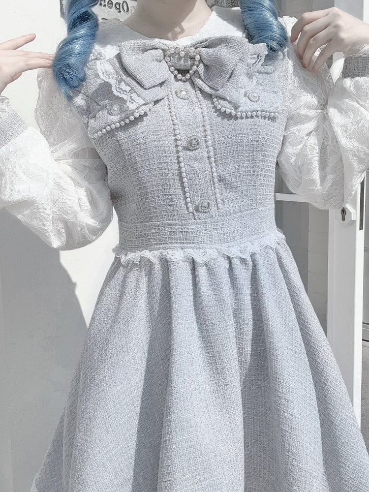 in Bow Blue: Kei Sleeves Elegant Jirai Beadwork Lace with Detachable Dress Long Tie Dusty Tweed