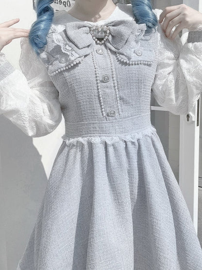 in Bow Blue: Kei Sleeves Elegant Jirai Beadwork Lace with Detachable Dress Long Tie Dusty Tweed