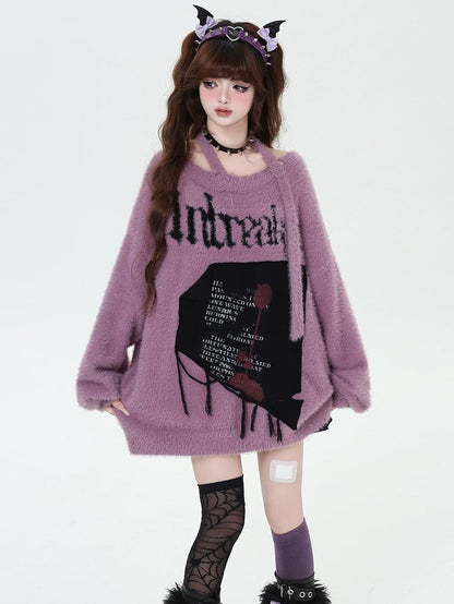 Black/Wine Red/Purple Letter Graphic Halter Neck Loose Sweater