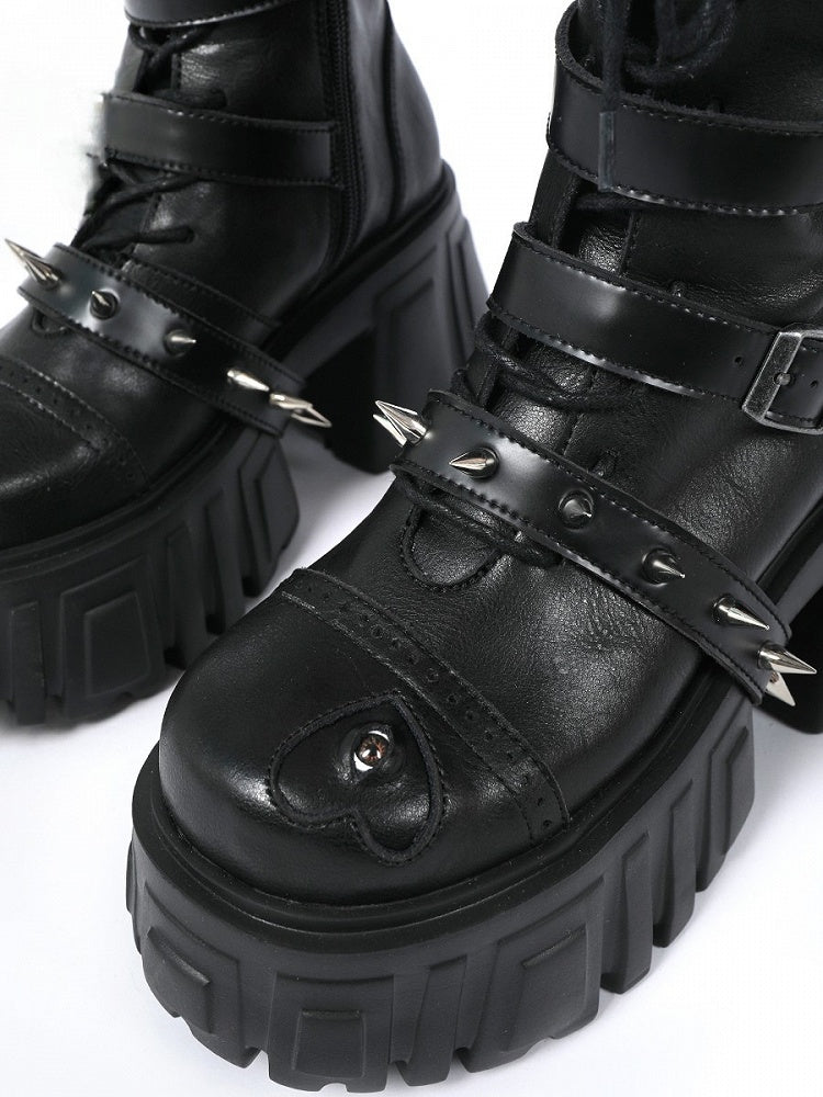 Chunky Plateaustiefel mit Akzenten, Nieten an der Spitze, schwarzer Cyberpunk-Stil mit Riemen – wadenhohe Schnalle mit Augenverzierung