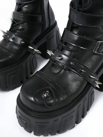 Chunky Platforms Accents Boots Studs Toe Black Cyberpunk with Straps - Mid-Calf Eye-Embellished Buckle