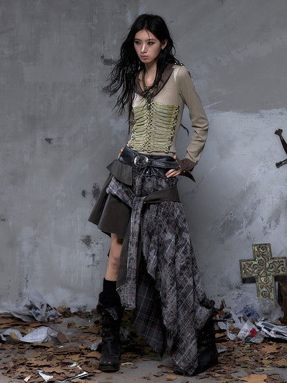 Asymmetrical Rock Front Ties with Vintage PU Hemline Knotted Punk Black Waistband Triangular Skirt Plaid