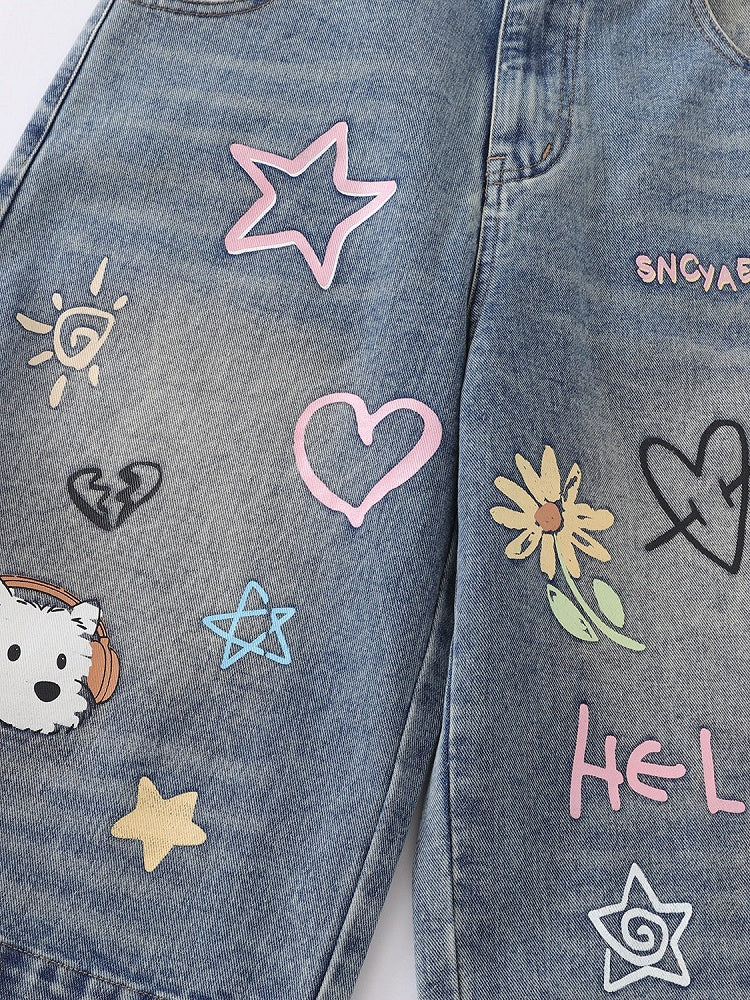 Blue Cropped Denim Jeans with Teddy and Graffiti - Languid Park
