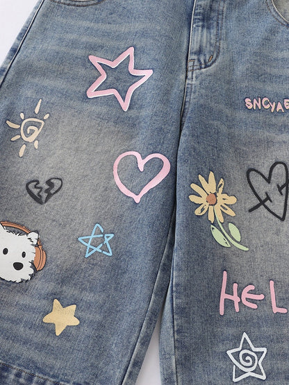 Blue Cropped Denim Jeans with Teddy and Graffiti - Languid Park