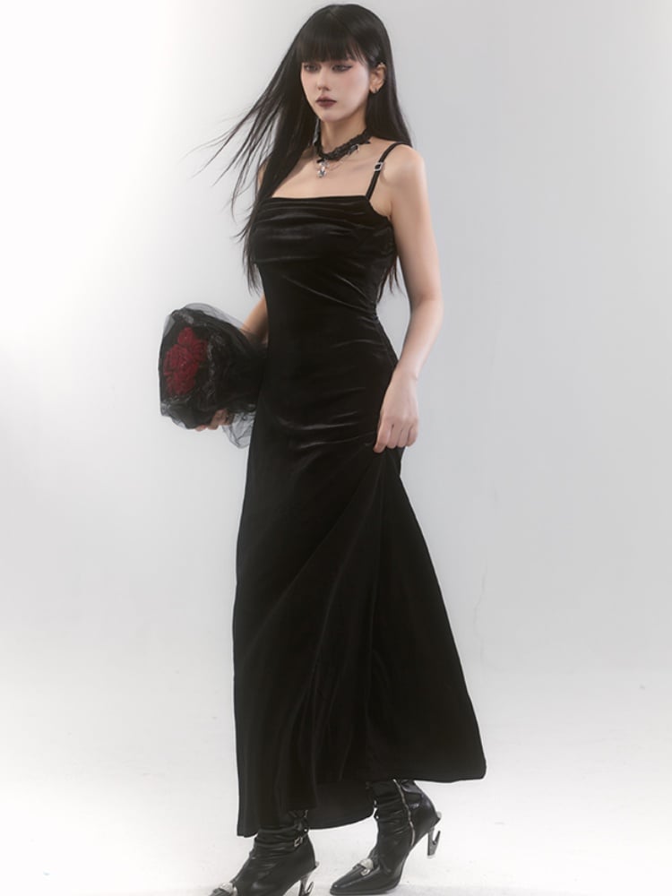 Black Velvet Side Slit Slip Dress
