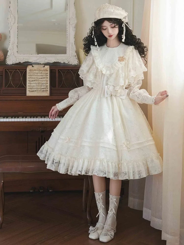 Beige Harp Embroidery Spring Semi-sheer Long Sleeves Elegant Classic Lolita Dress