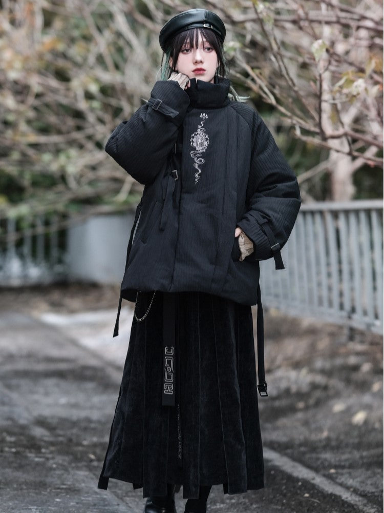 Bronze Skirt Maxi Ribbon + Patchwork Chain Detachable Iregular Hem Waist Black Cheongsam with Embroidered