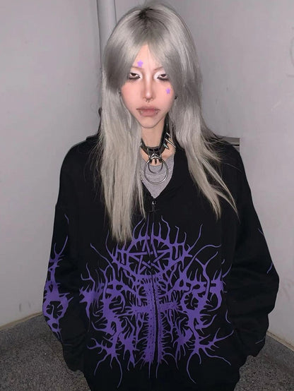 Schwarz-lila Kapuzenjacke mit Emo-Punk-Grafik