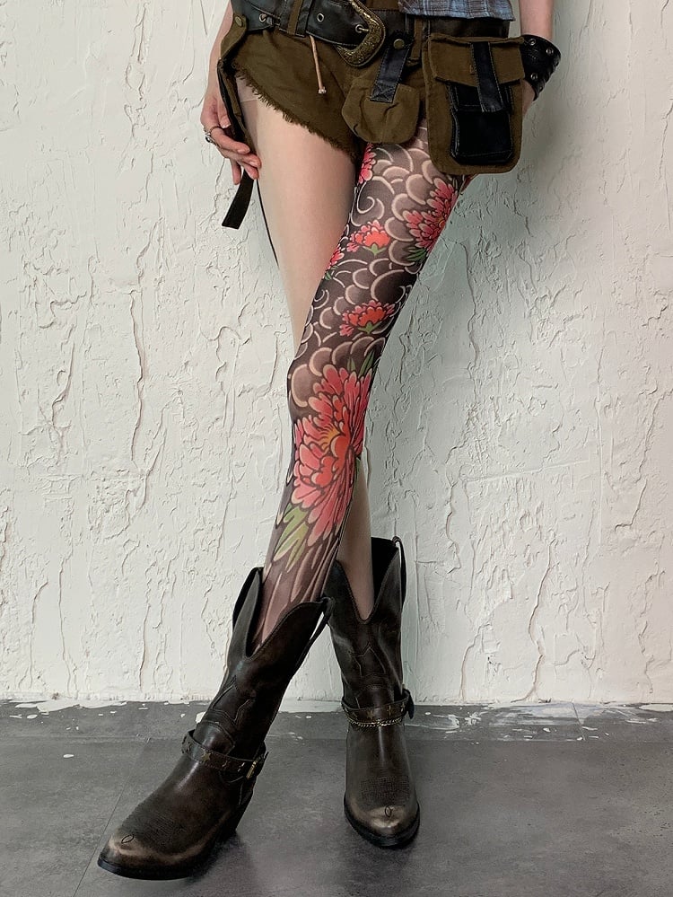 Print Asymmetrical Tattoo Nude Tights Floral Design Y2K