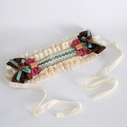 Decorated Hairband Ruffled Lolita Cookie Sweet Details Bowknot Beige