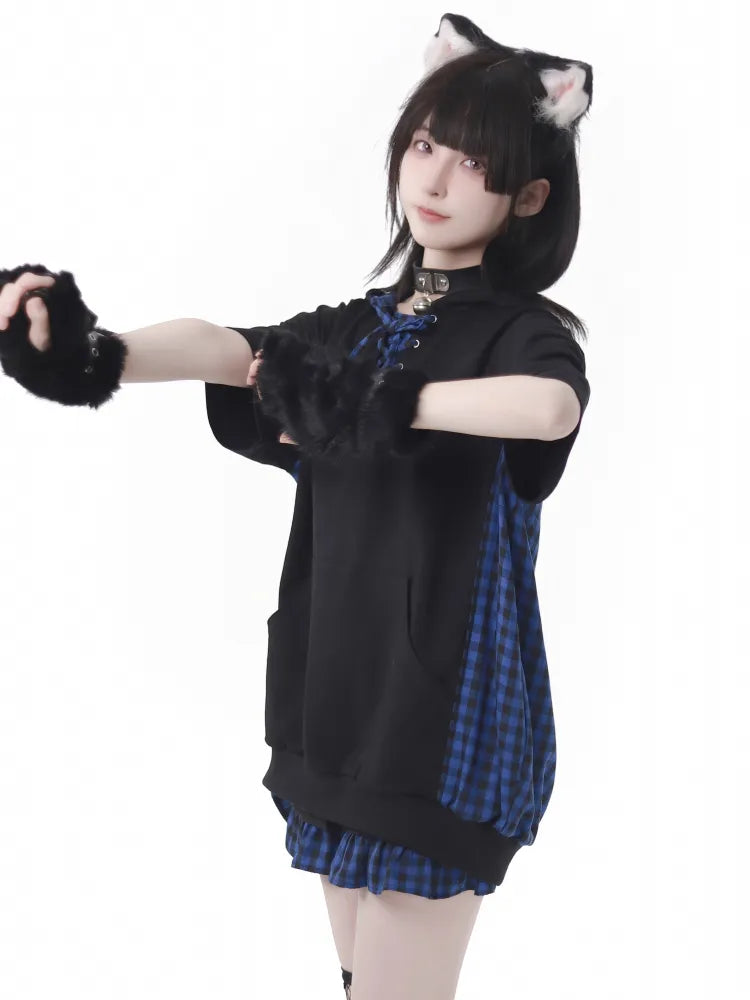 Blue Sleeves Black Short Plaid Hoodie Pattern and Dark