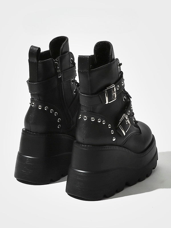 Triple Style Platform - Studs with Black Details Punk System Boots Fastening in