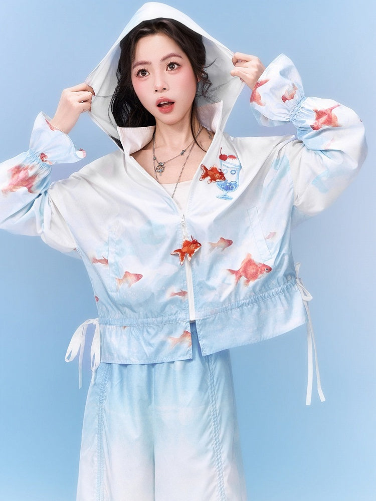 Goldfish Zipper Embroidery Hooded Sun Protection Jacket - Zao Jing Ji