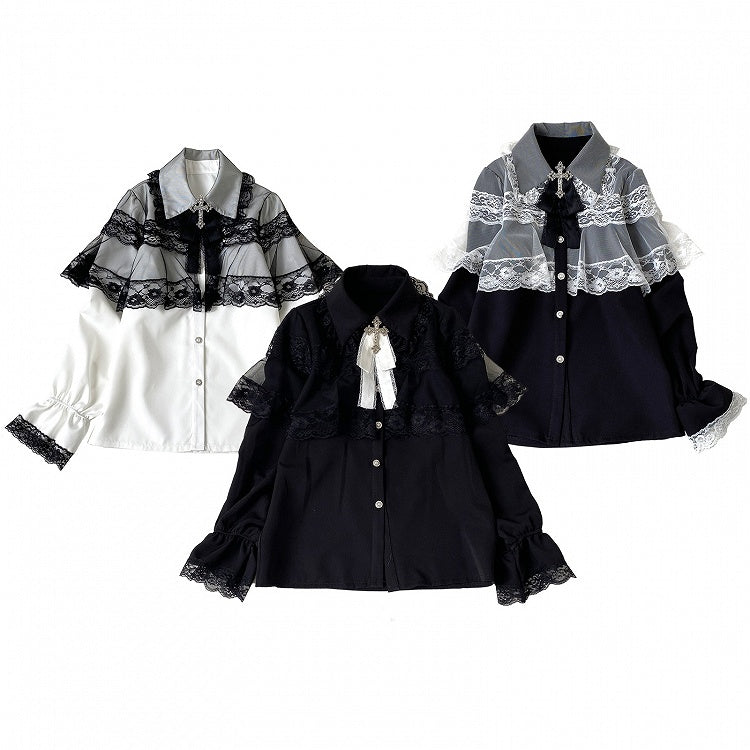 Jirai Kei Bluse im Landminenstil, weiß und schwarz/ganz schwarz, mit Cape-Design aus Spitze