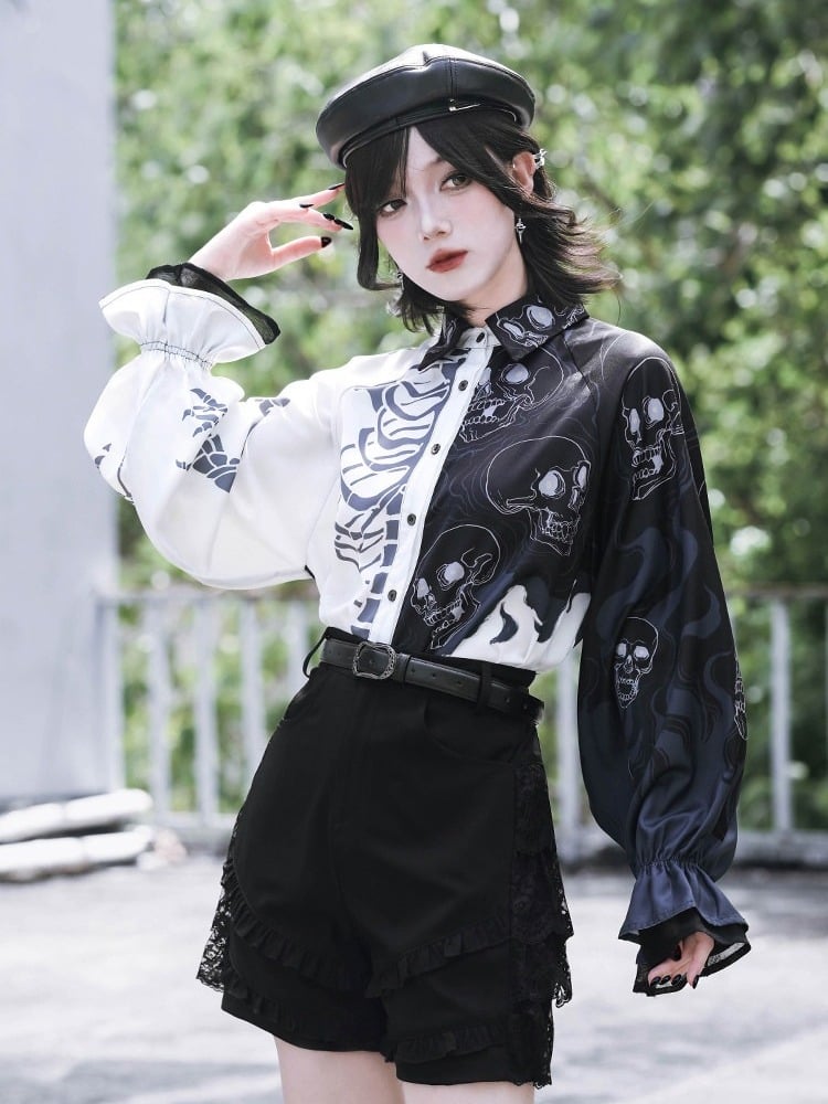 Gothic Black and White Balloon Sleeve Shirt with Asymmetric Skeleton Print - Quirky Hut