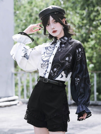 Gothic Black and White Balloon Sleeve Shirt with Asymmetric Skeleton Print - Quirky Hut
