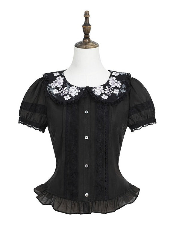 Black Peter Pan Collar Fitted Waist Floral Embroidery Blouse with Ruffle Lace - Yimu Walnut